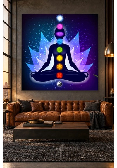 Fida Mavi Işıklı Lotus Ve Yin Yang Çakra Canvas Tablo