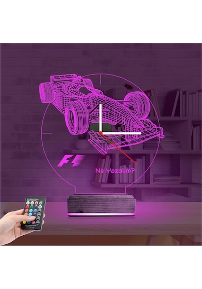 Luvivia Formula F1 Yarış Arabası Kişiye Özel Saatli 3d Lamba - Masa Gece Lambası Şeffaf