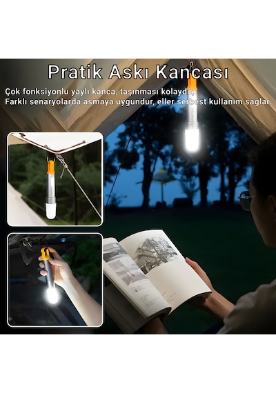 X723 Şarjlı Kamp Feneri Ve El Feneri 9 Modlu Led + Cob Işık, Zoom, Type-c Şarjlı, Askılı Siyah