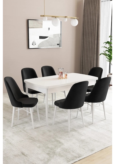 Familieconcept Almira Serisi, Beyaz 80x132 Açılabilir Mdf Mutfak Masası Takımı 6 Adet Sandalye Siyah Familieconcept Almira Serisi, Beyaz 80x132 Açılabilir Mdf Mutfak Masası Takımı 6 Adet Sandalye Siyah