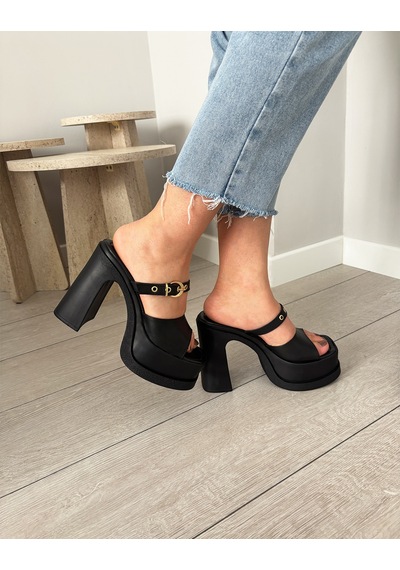 Asmi Shoes Kadın Soha Siyah Toka Detaylı 12 Cm Ortopedik Platform Topuklu Terlik Siyah Siyah
