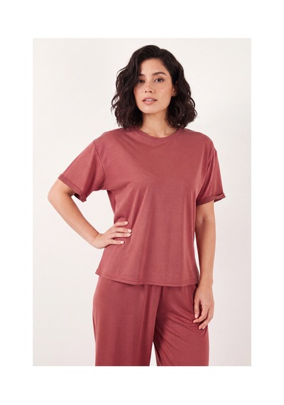 Lela Yumuşak Dokulu Bisiklet Yaka Lastikli Bel Kısa Kollu Pijama Takımı Bayan Pijama Takımı 65720102 Kiremit KİREMİT
