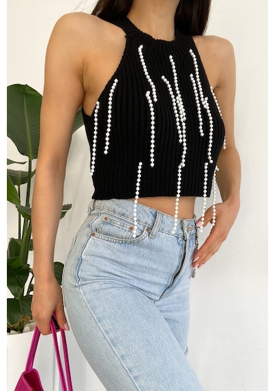 Femelle Kadın Siyah Halter Yaka Boncuklu Triko Crop Bluz