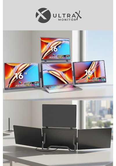 Ultrax 16" Üçlü Taşınabilir Monitör Çoklu Ekran 1200p Notebook Monitör