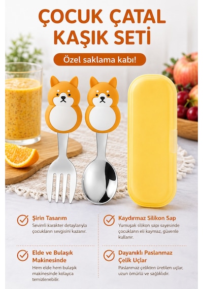 Kedi Figürlü Premium Çocuk Bpa Free Silikon Saplı Paslanmaz Çelik Uçlu Çatal-kaşık, 9+ Ay