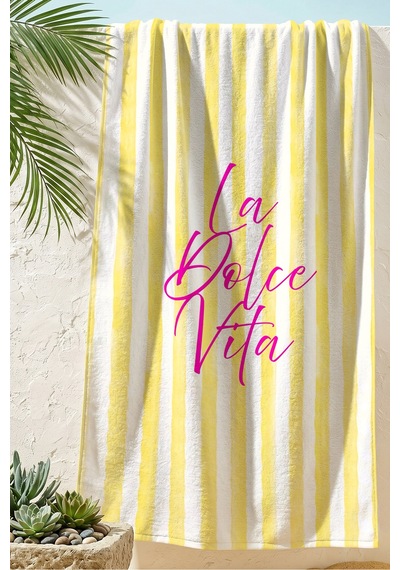 Çizgili Sarı Beyaz La Dolce Vita Plaj Havlusu - Modern Tipografik Akdeniz Stil Banyo Sahil Örtüsü Serin Karamel