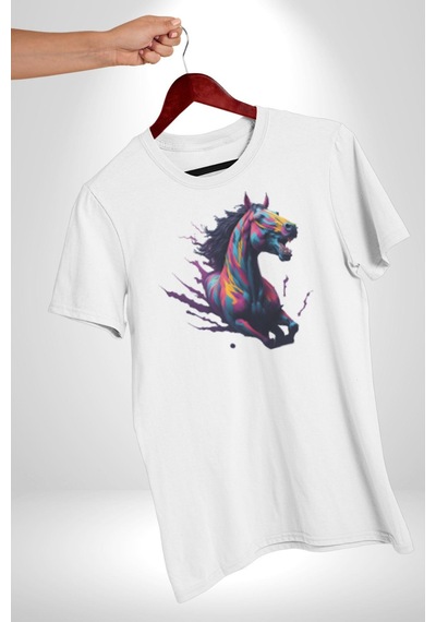 Renkli At Koşu Unisex Unisex Beyaz Organik Baskılı T-shirt Penye Yüksek Kalite Beyaz