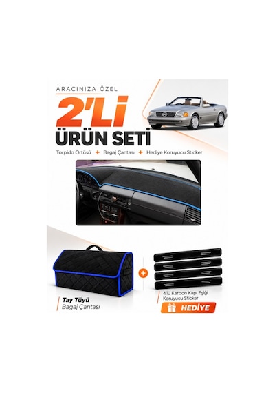 E-biz Mercedes R129 1989-2001 Uyumlu Torpido Örtüsü + Tay Tüyü Bagaj Çantası - Siyah-mavi - Mb019