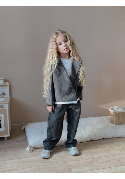 Miniko Kids Kız Çocuk Poliviskon Çizgili Blazer Ceket Pantolon Dokuma Kumaş Takım Füme
