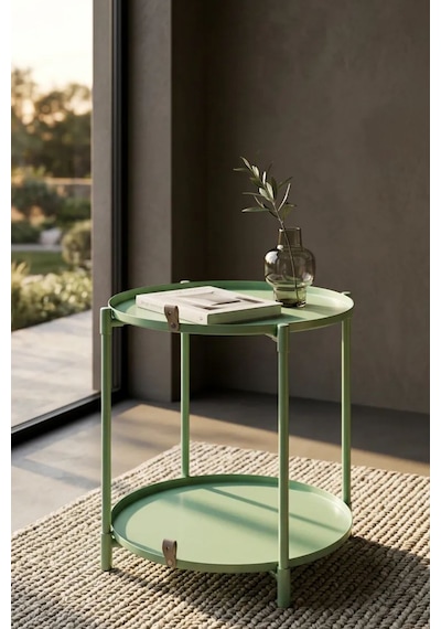 Çift Tepsili Katlanır Orta Yan Yuvarlak Sehpa Metal Ayak - Modern Sehpa 50cm 44 Cm Tepsi Deri Kulplu Mint Yeşili