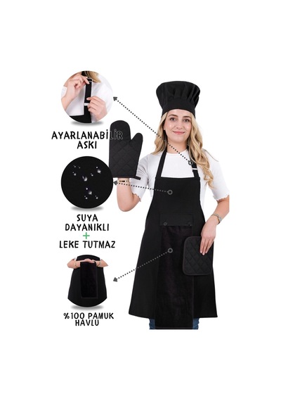 Star Ayar Askılı 5li Mutfak Önlüğü Seti Ayar Askılı Havlulu Önlük, Şapka, Eldiven, Tutacak Siyah-siyah-siyah