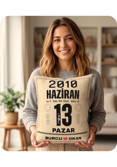 Takvim Yastık Doğum Günü Yıldönümü Hediyesi Takvim Yaprağı Hediyelik Dekoratif Yastık 40x28cm Hediye Paketi-Hediye Paketi