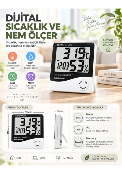Tr 3 Adet Dijital Termometre Sıcaklık Ve Nem Ölçer Masa Saati Alarm