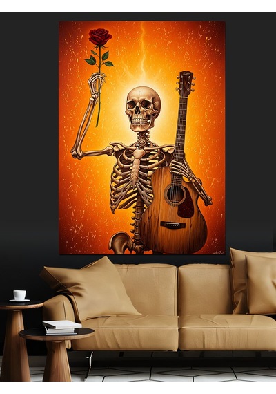 Ahşap Tablo İskelet Gitarlı Müzisyen Retro