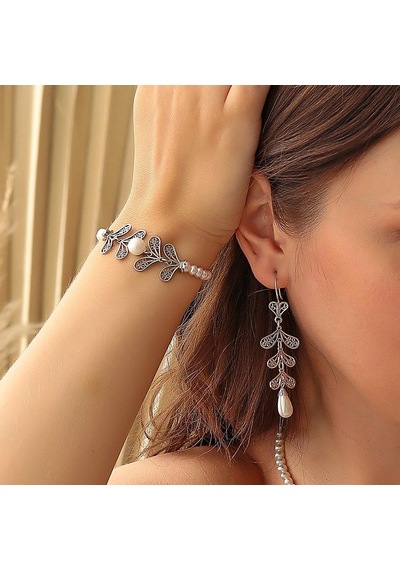 925 Ayar Gümüş Telkâri Yapraklı İncili Model Bileklik