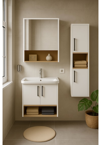 Dmz Home Concept Legna 80 Cm Beyaz-ahşap Renkli, Seramik Lavabolu, Alt - Üst Ve Boy Dolaplı Mdf Banyo Dolabı Seti