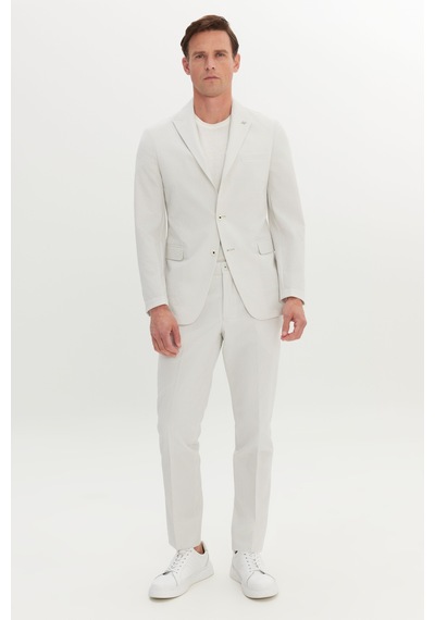 Ac&co Erkek Ekru Slim Fit Kırlangıç Yaka Gofre Desenli Takım Elbise