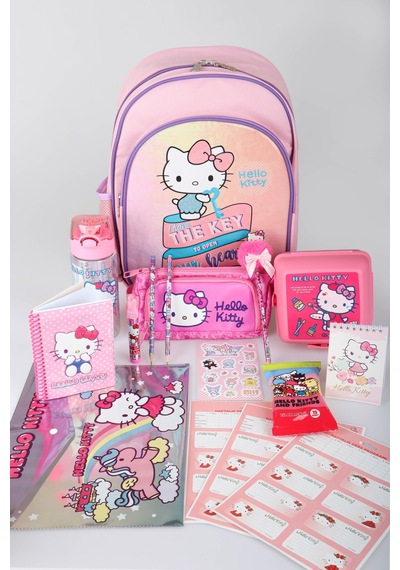 X Dekomus Heart Key Collection Hello Kitty Lisanslı Full Kırtasiye Seti İlkokul Çantası,beslenme Kabı,matara Açık Gri