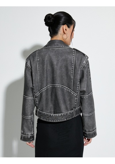 Koton Crop Biker Ceket Suni Deri Kruvaze Fermuarlı Gri 4sak20022ew