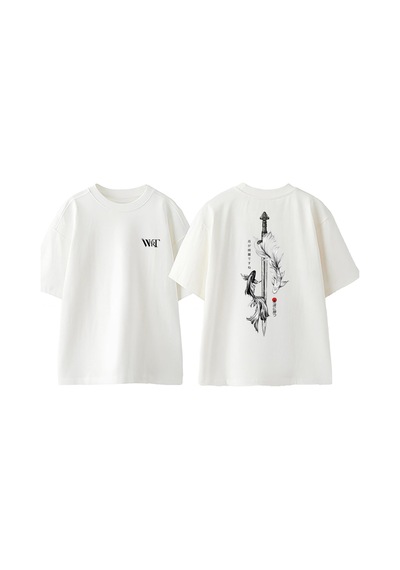 Thewert Samuray Kılıcı Ve Balıklar Tasarım Sırt Baskılı Pamuk Beyaz Oversize T-shirt