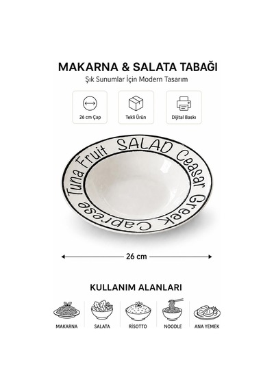 2'li Büyük Makarna Ve Salata Tabağı Spagetti Çukur Tabak 26 Cm Beyaz