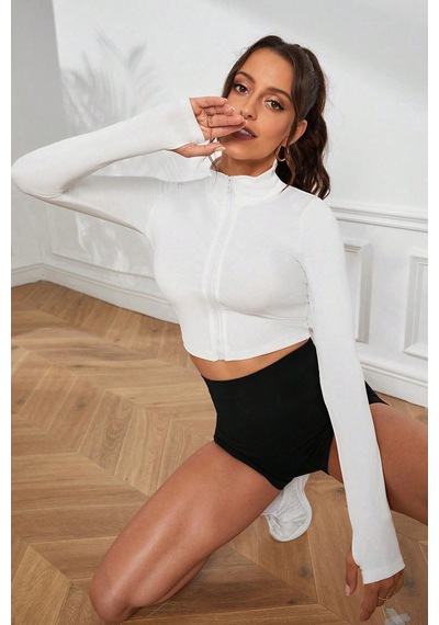 Fantezia Night Kadın Bordo Uzun Kol Fermuarlı Parmak Geçme Detaylı Dik Yaka Crop Top Bluz BEYAZ