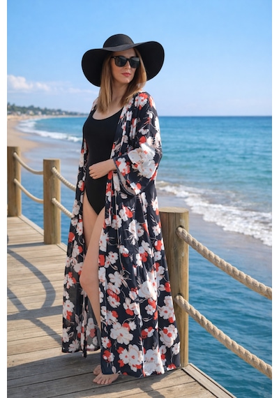 Wellway Viskon Saten Kumaş Kimono - Pareo - Sabahlık - Kuşak Dahildir - Siyah Siyah