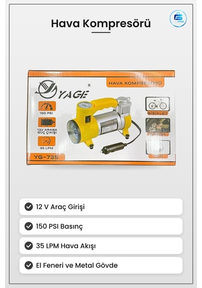 Hava Kompresörü El Fenerli Metal 12v Psı Araç Lastik Şişirme Oto