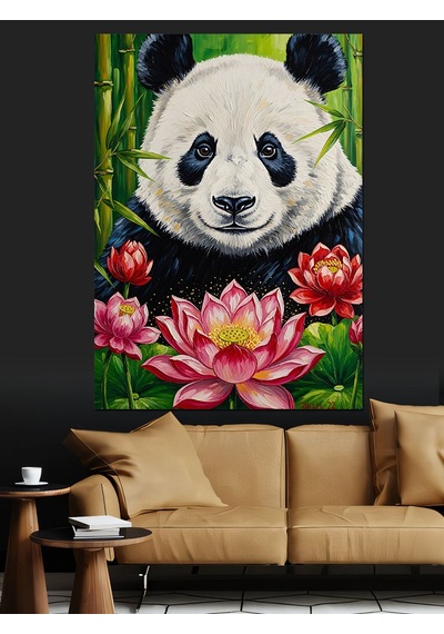 Karizma Tablo Nilüfer Çiçeğinde Panda Ayı Dekoratif Kanvas - Mdf Ahşap Tablo