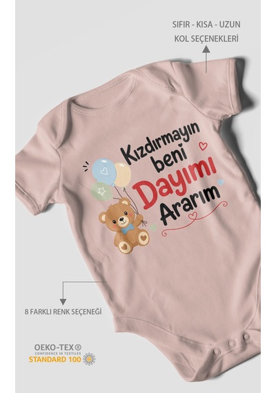 Morivokids Kızdırmayın Beni Dayımı Ararım Kısa Kollu Bebek Body %100 Pamuk Pastel Pembe