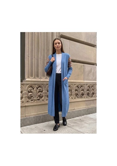 Onno Style Women Kilim Desen Uzun Triko Kadın Hırka Mavi
