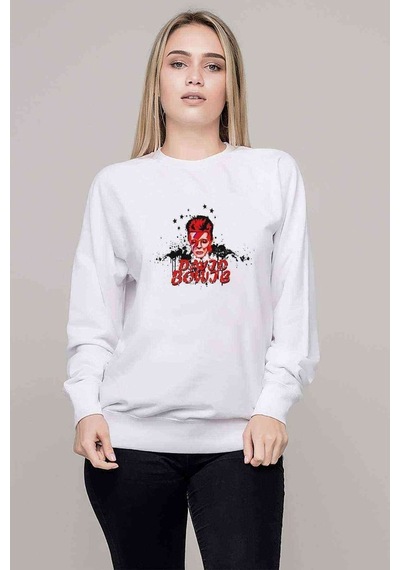 David Bowie Baskılı Beyaz Kadın Sweatshirt