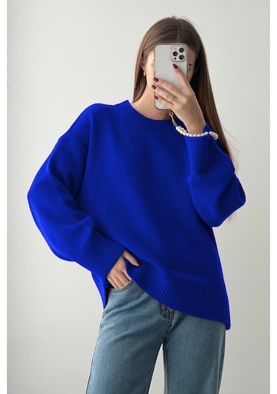 Madmext Saks Bisiklet Yaka Oversize Triko Kazak Mg1972 Saks