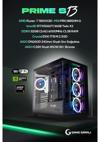 Game Garaj Prime-S13 R7-7800X3D 32 GB 1 SSD RTX5060Ti Free Dos Oyuncu OEM Paket