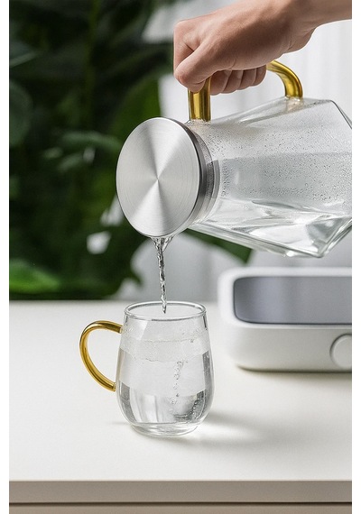 5 Parça Cam Sürahi Ve Bardak Seti Metal Kapaklı 1500 Ml Sürahi + 4 Adet 350 Ml Bardak