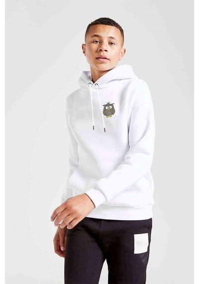 Tshirthane Owl Baykuş Göğüs Baskılı Unisex Çocuk Kapüşonlu Beyaz Sweatshirt