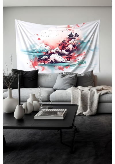 Japon Dağı Desenli Duvar Halısı Duvar Örtüsü Tapestry Süet Dokulu Kumaş
