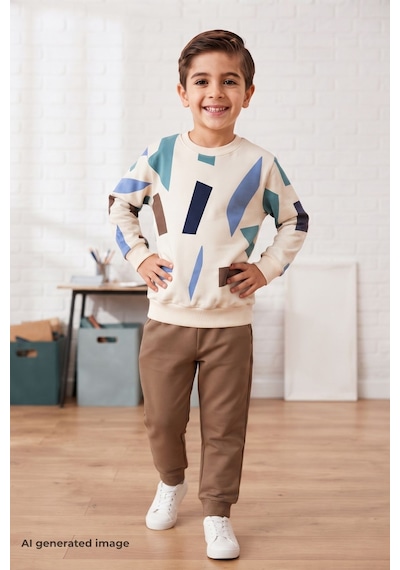 Pina Kids Erkek Çocuk Geometrik Desenli Okul Günlük Eşofman Takımı Esf7038 Kahverengi