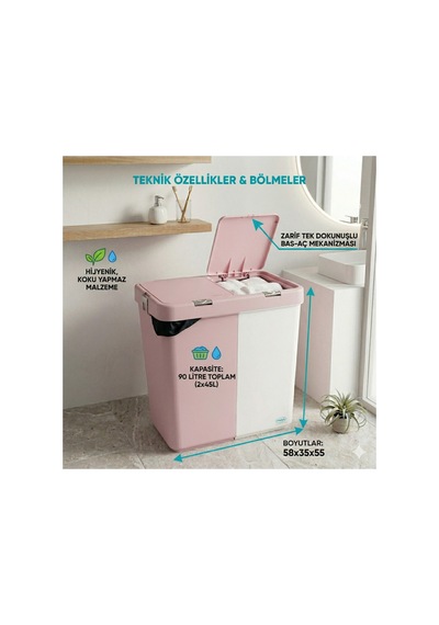 Çift Hazneli Kirli Çamaşır Sepeti 80 Litre 40+40 - Otomatik Kapaklı Beyaz & Renkli Ayrıştırma Pembe-beyaz Pembe-beyaz Çift Hazneli Kirli Çamaşır Sepeti 80 Litre 40+40 - Otomatik Kapaklı Beyaz & Renkli Ayrıştırma Pembe-beyaz Pembe-beyaz