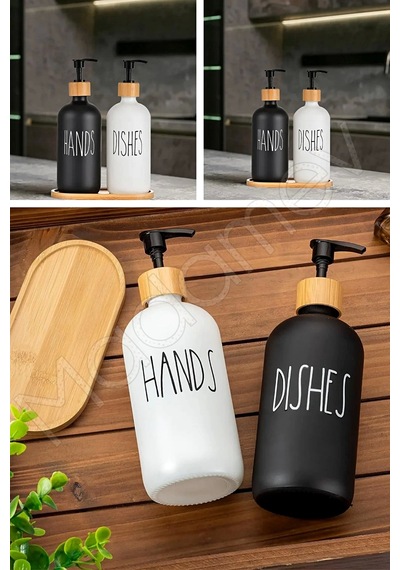 Hands Dishes 2 Li Siyah Beyaz Dekoratif Mutfak Banyo Sıvı Cam Sabunluk Seti 500ml Bambu Stantlı Set Siyah Beyaz