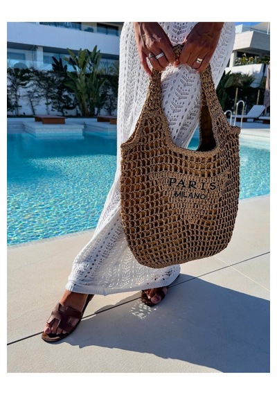 Çift Kalın Askılı Paris Milano Astırlı Fermuarlı İç Cepli Yazlık Tatil Plaj Büyük Boy Hasır Çanta Camel