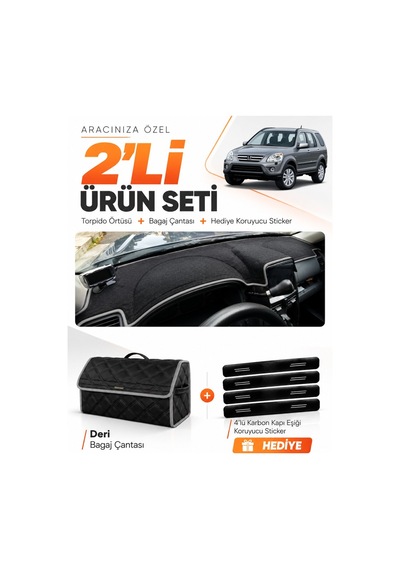 Honda Cr-v 2000-2006 Uyumlu Torpido Örtüsü + Deri Bagaj Çantası + Sticker Seti - Siyah Gri