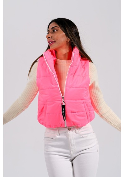 Keyifli Moda Kadın Pembe Sırtı Taş İşlemeli Dik Yaka Kısa Şişme Yelek-pembe Pembe