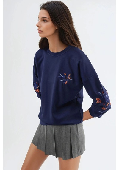 Fiolin Modal Dokulu İşlemeli Bisiklet Yaka Sweatshirt Lacivert