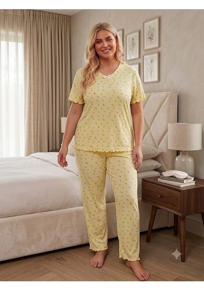 Büyük Beden Kısa Kol Pamuklu Ultrasoft Likralı Kapri Pijama Takımı 8624 Sarı