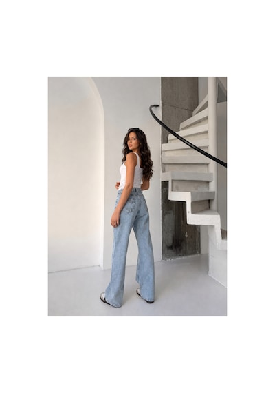 Kene Jeans Buz Kar Arka Cep Nakışlı Kemer Tokalı Boru Paça Pantolon Jeans Buz Kar