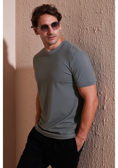 Buratti Streç Pamuklu Slim Fit Sıfır Yaka Erkek T Shirt 5902639 Açık Haki