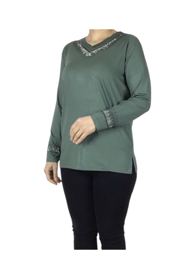 Kadın Yaka Ve Kolağzı Taşlı Likralı Penye Bluz Mint Yeşili