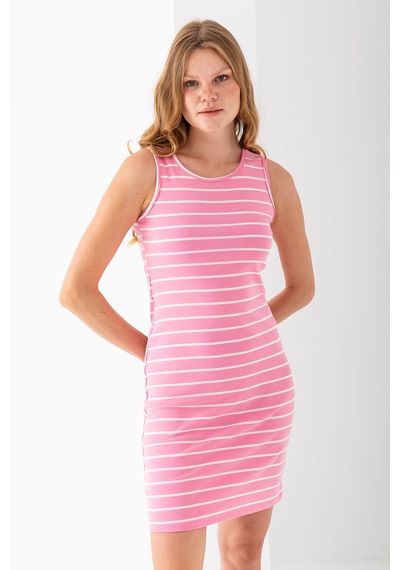 Giysa Kadın Bisiklet Yaka Kolsuz Çizgili Elbise Pembe Beyaz - 25880 Pembe - Beyaz