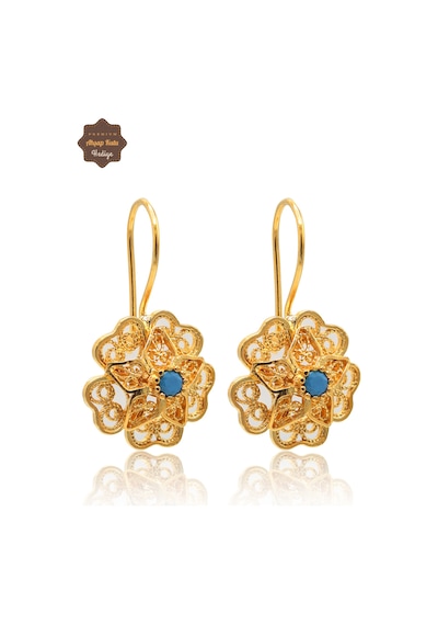 Firuze Taşlı Gül Model Gold Kaplama 925 Ayar Gümüş Telkari Kadın Küpe 201025491 Altın